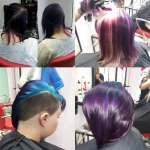 Frauen mit Rainbow Color. Frauen mit mittellangen Haaren und Trendfarbe Rainbow Color