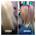 Frau mit schulterlangen blonden Haaren. Frisur Frau mit Stufenschnitt und schulterlangen blonden Haaren mit pinkfarbenem Ansatz