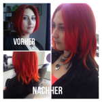 Frau mit Haarverlängerung rote Haare. Frisur Frau mit Haarverlängerung mittellanges Haar in rot/schwarz