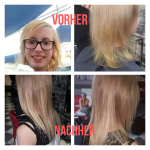 Frau mit Haarverdichtung . Frisur einer Frau mit blonden Haaren und Haarverdichtung- und Verlängerung